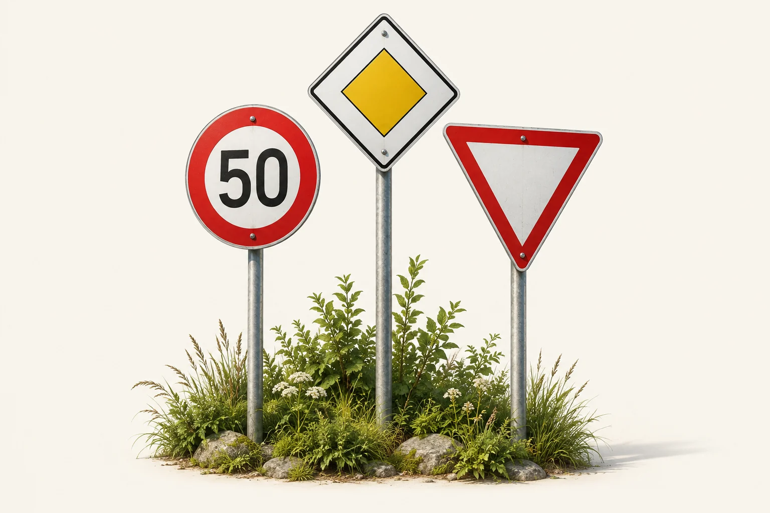 German road signs arranged with green foliage